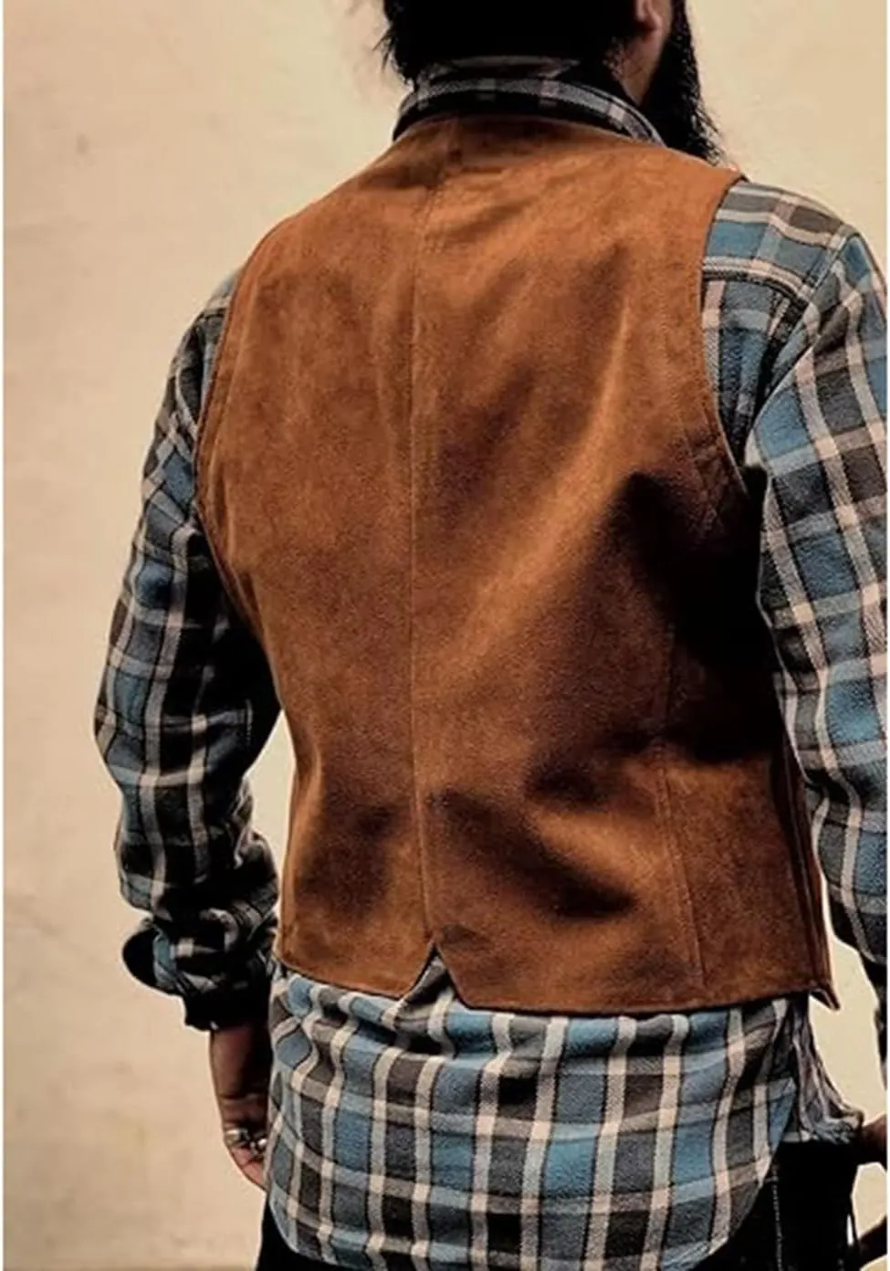 Men's Suede Leather Vest Cowhide Waistcoat Man Western Cowboy Vests with Pockets