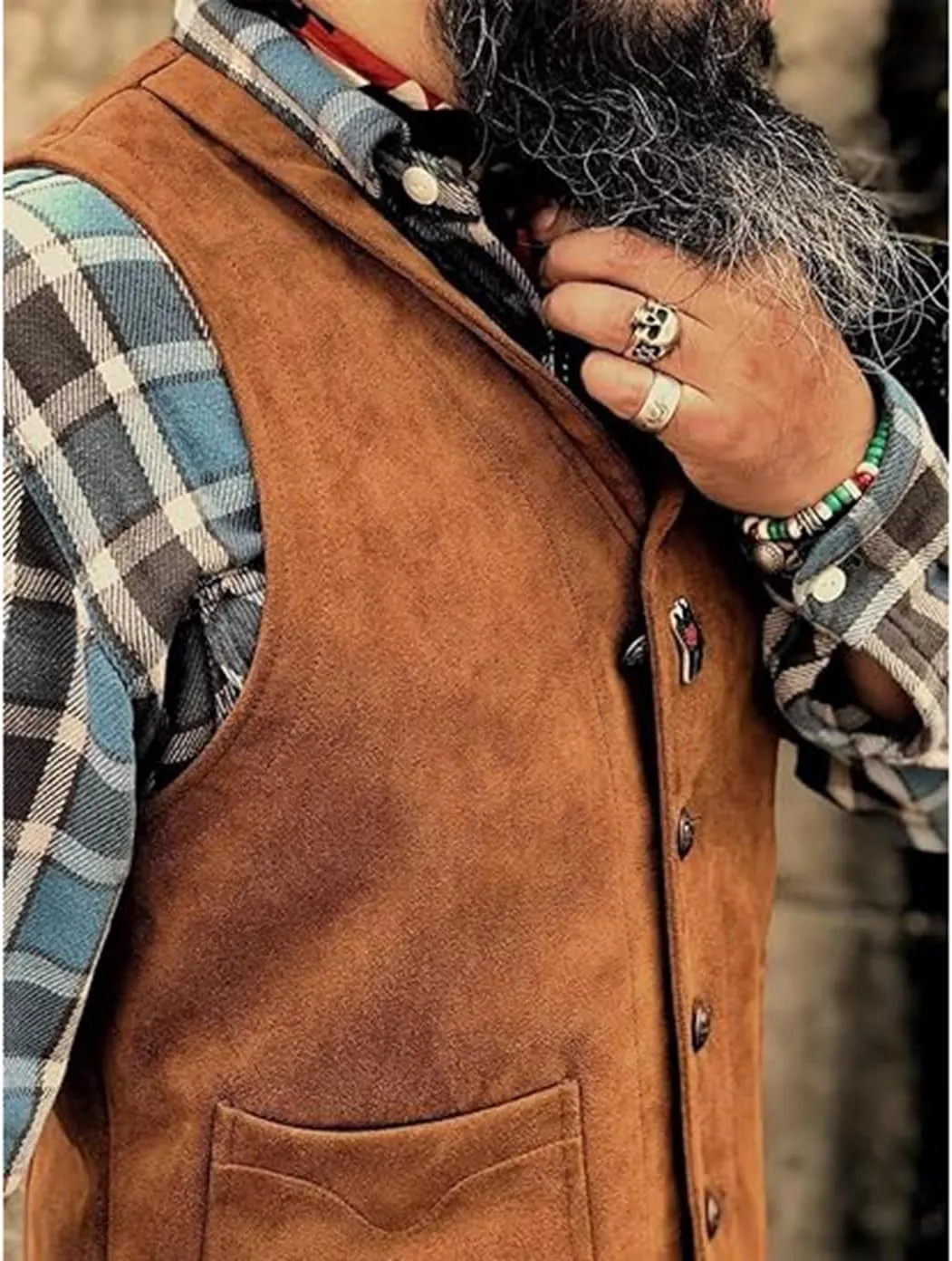 Men's Suede Leather Vest Cowhide Waistcoat Man Western Cowboy Vests with Pockets