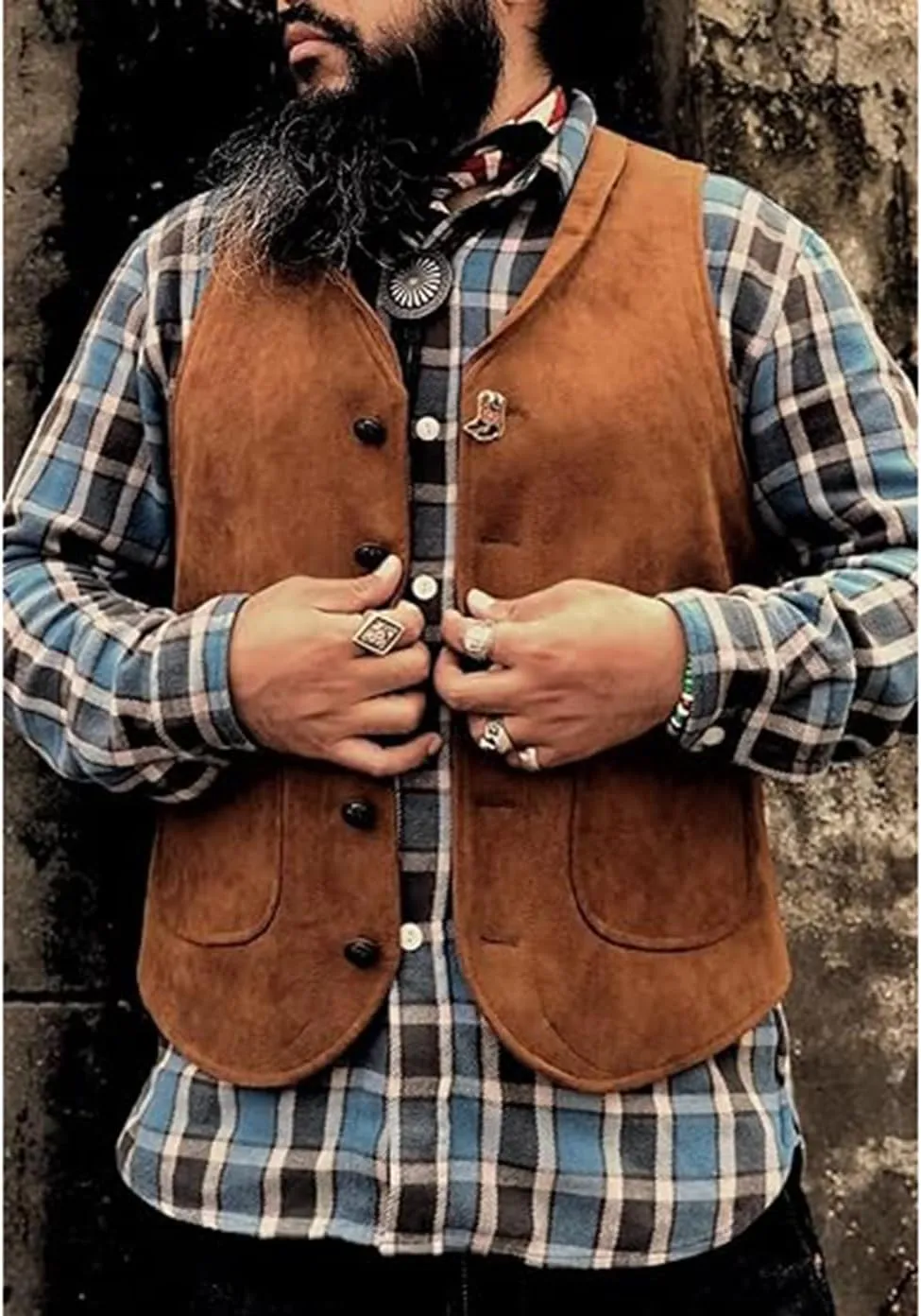 Men's Suede Leather Vest Cowhide Waistcoat Man Western Cowboy Vests with Pockets