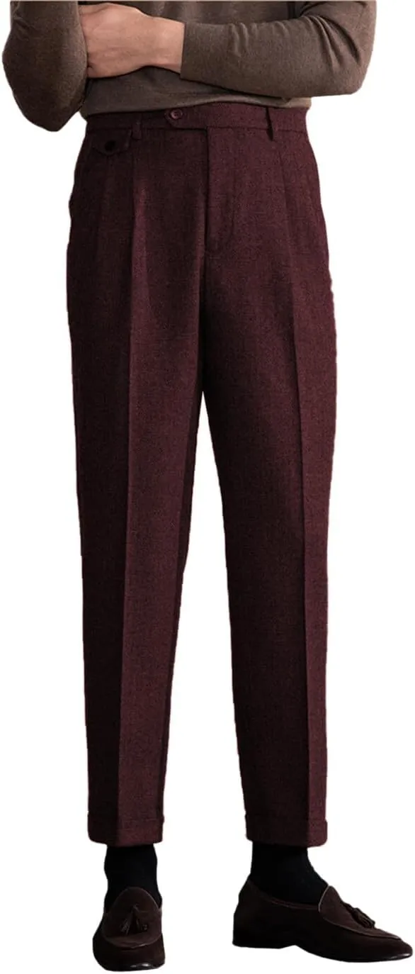 Men's Suit Tweed Pants Vintage Trousers Herringbone Wool Pleat-Front Dress Suit Pants