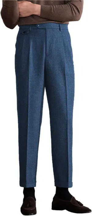 Men's Suit Tweed Pants Vintage Trousers Herringbone Wool Pleat-Front Dress Suit Pants