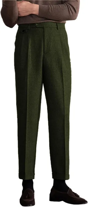 Men's Suit Tweed Pants Vintage Trousers Herringbone Wool Pleat-Front Dress Suit Pants