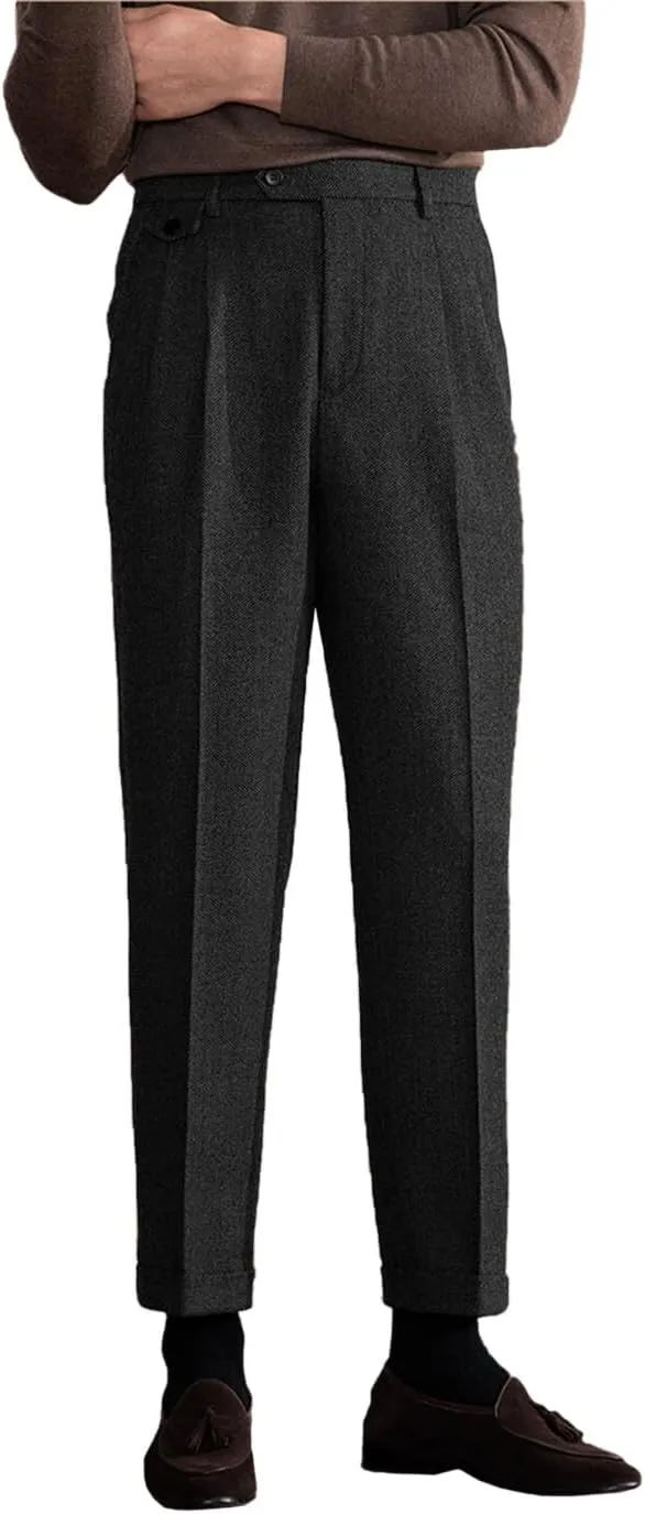 Men's Suit Tweed Pants Vintage Trousers Herringbone Wool Pleat-Front Dress Suit Pants