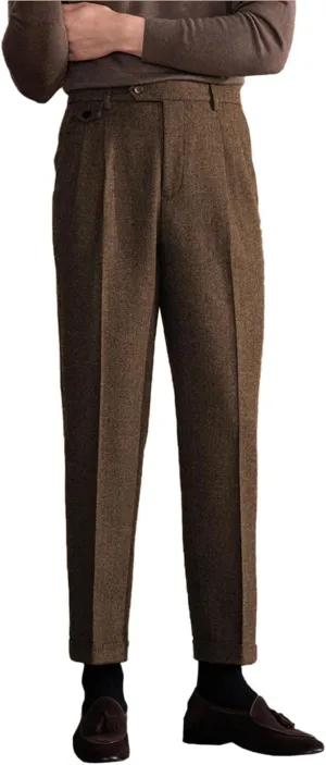 Men's Suit Tweed Pants Vintage Trousers Herringbone Wool Pleat-Front Dress Suit Pants