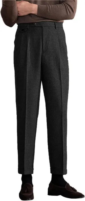 Men's Suit Tweed Pants Vintage Trousers Herringbone Wool Pleat-Front Dress Suit Pants