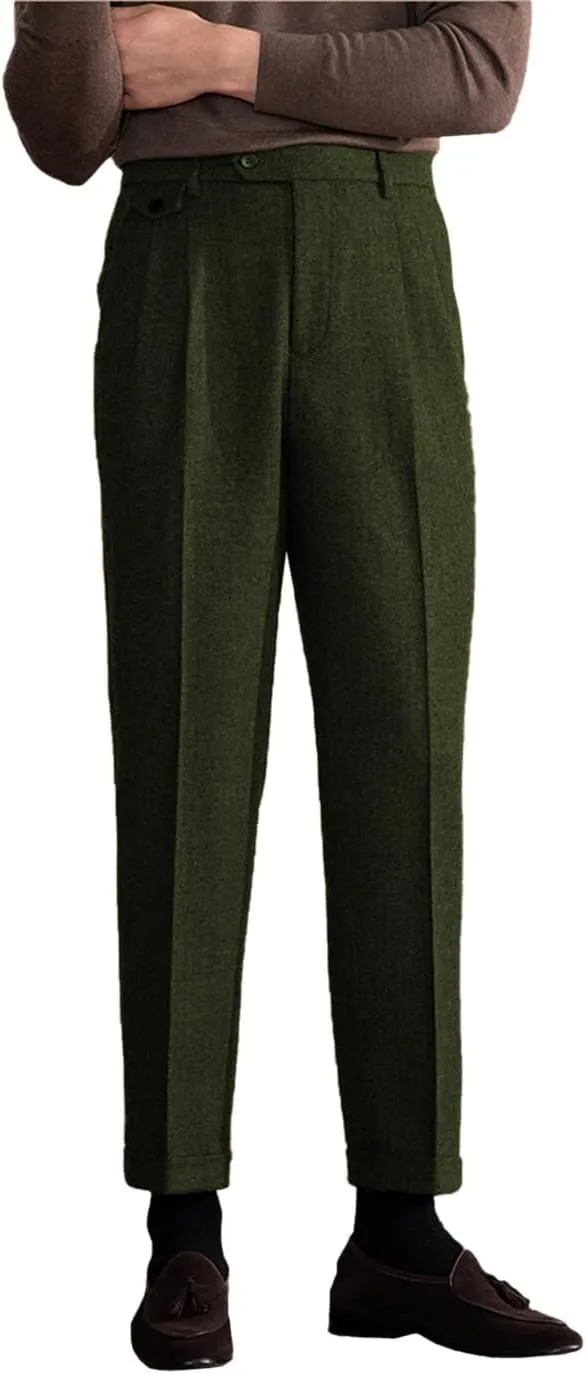 Men's Suit Tweed Pants Vintage Trousers Herringbone Wool Pleat-Front Dress Suit Pants