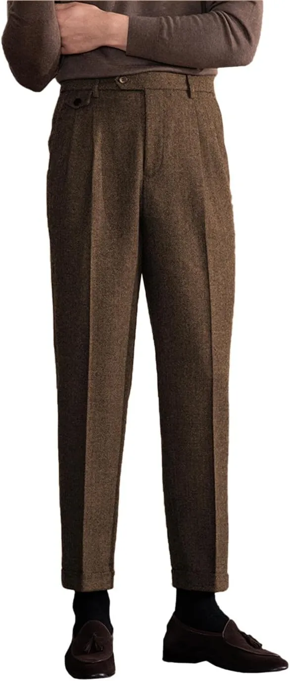Men's Suit Tweed Pants Vintage Trousers Herringbone Wool Pleat-Front Dress Suit Pants