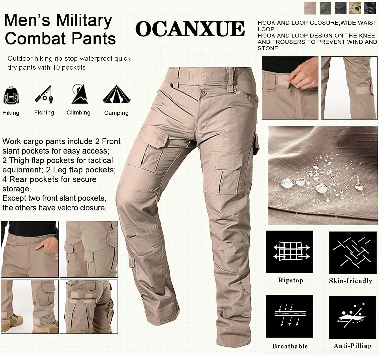 Men's Tactical Pants Camo Cargo Pants Ripstop Work Hiking Pants with 10 Pockets No Belt