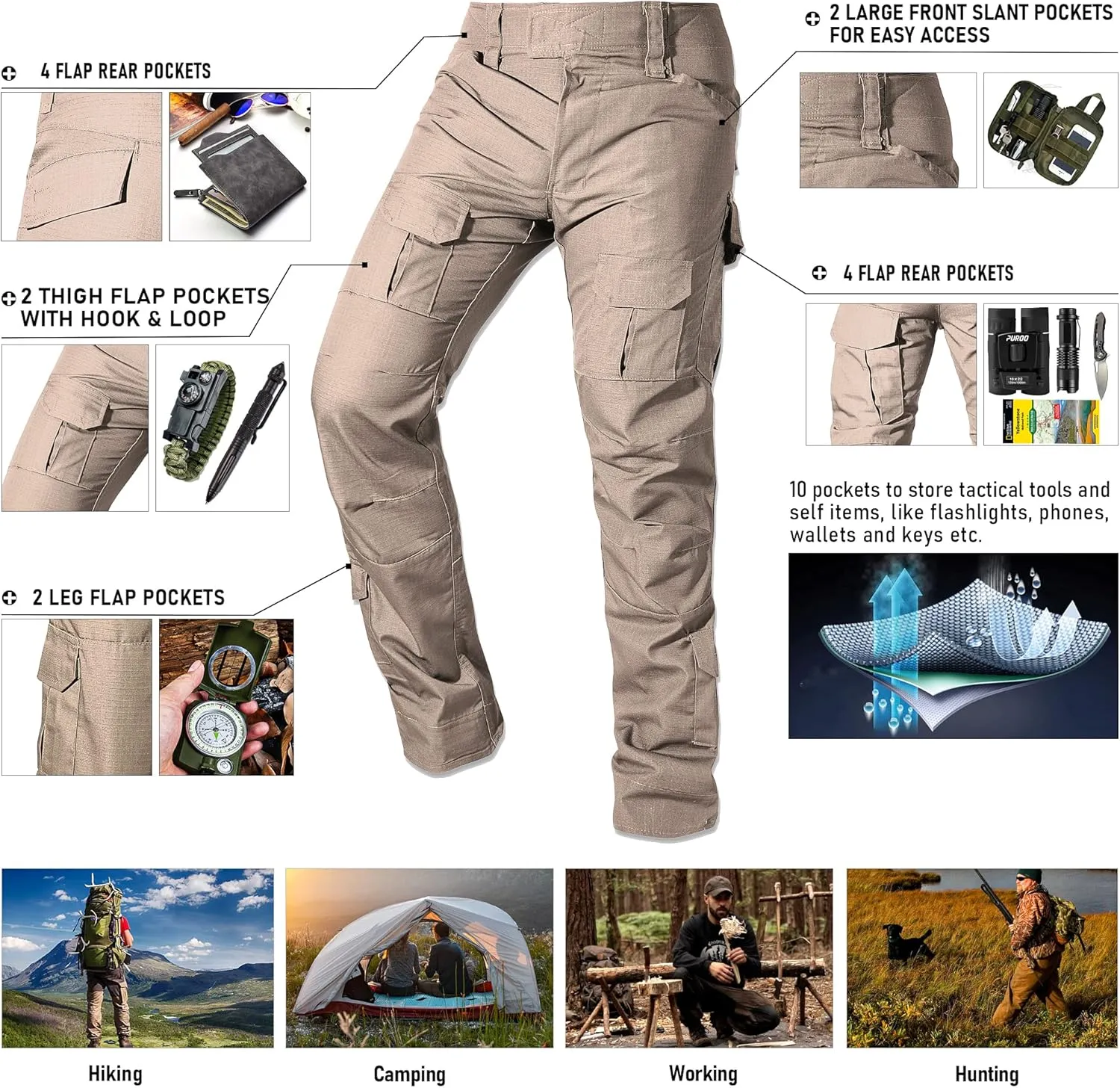 Men's Tactical Pants Camo Cargo Pants Ripstop Work Hiking Pants with 10 Pockets No Belt