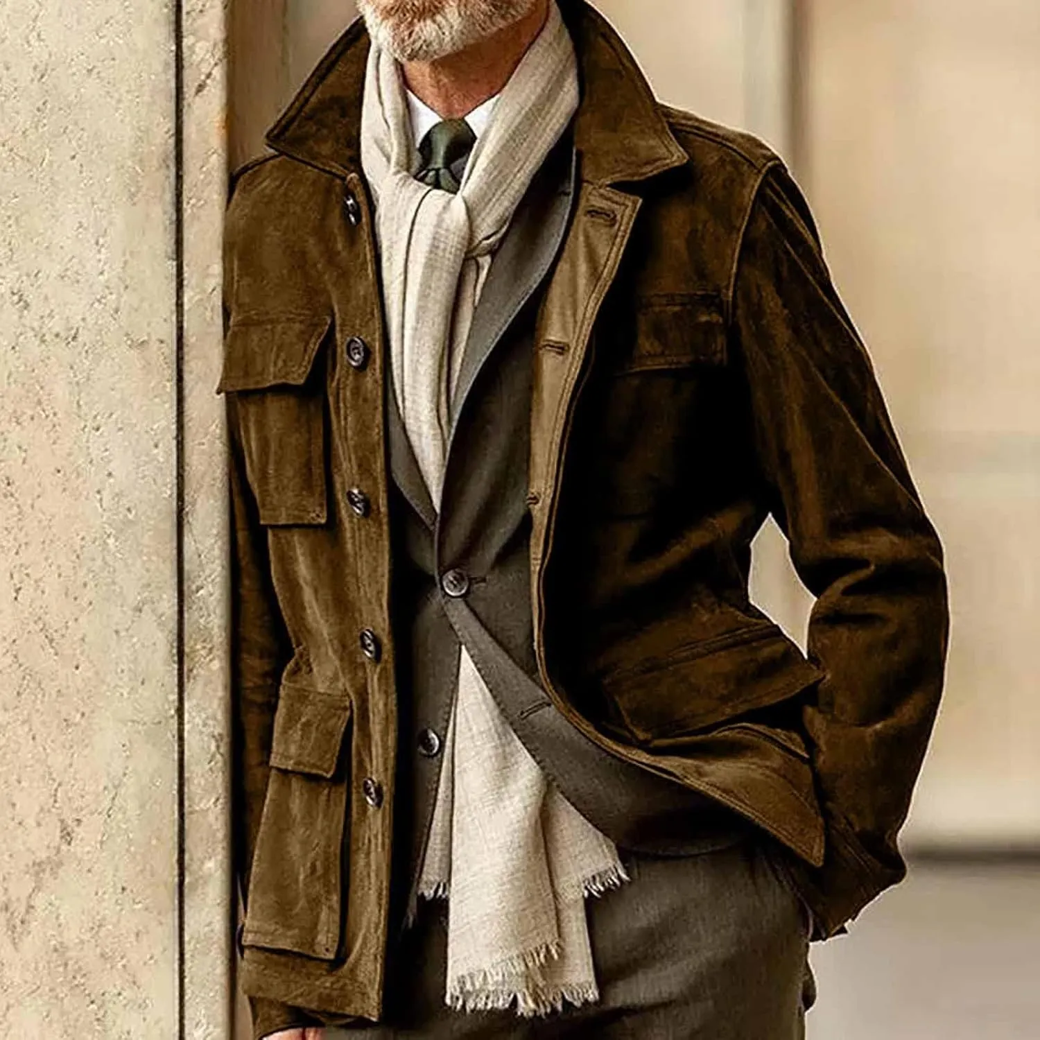 Mens Waterproof Suede Jacket Coat Vintage Classic Leather Jacket Casual Lapel Button Down Long Sleeve Winter Coats