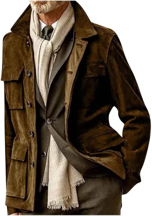 Mens Waterproof Suede Jacket Coat Vintage Classic Leather Jacket Casual Lapel Button Down Long Sleeve Winter Coats