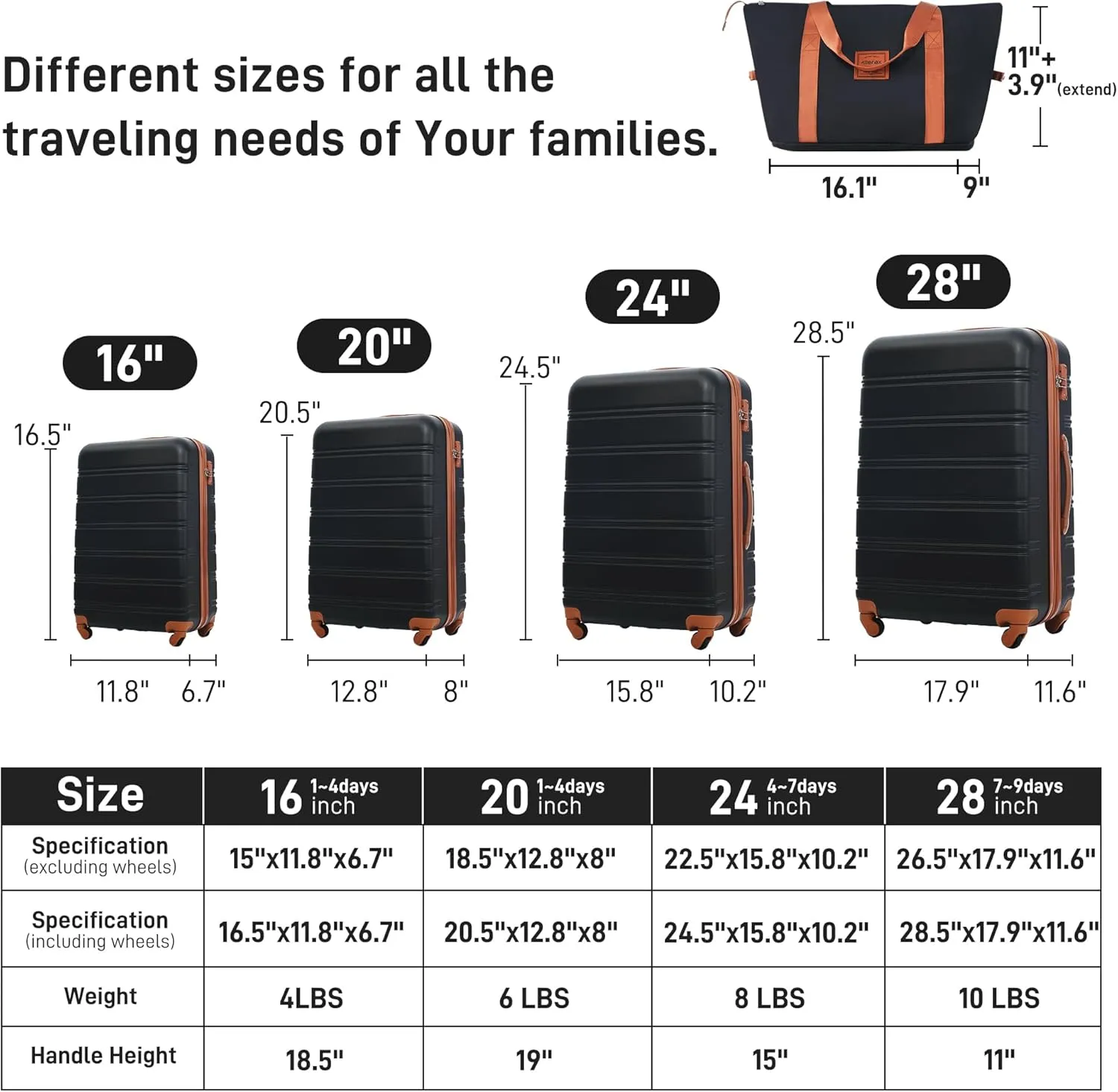 Merax Luggage Sets 13 Piece Suitcase Set 16/20/24/28 IN,Carry on Luggage and Travel Bag TSA Lock Expandable,Hard Case Luggage with Spinner Wheels,Black and Brown
