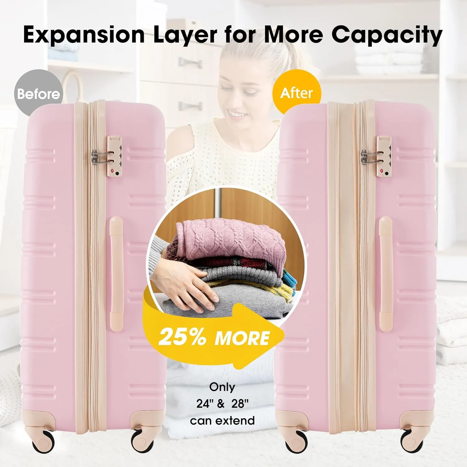 Merax Luggage Sets 13 Piece Suitcase Set 16/20/24/28 IN,Carry on Luggage and Travel Bag TSA Lock Expandable,Hard Case Luggage with Spinner Wheels,Light Pink