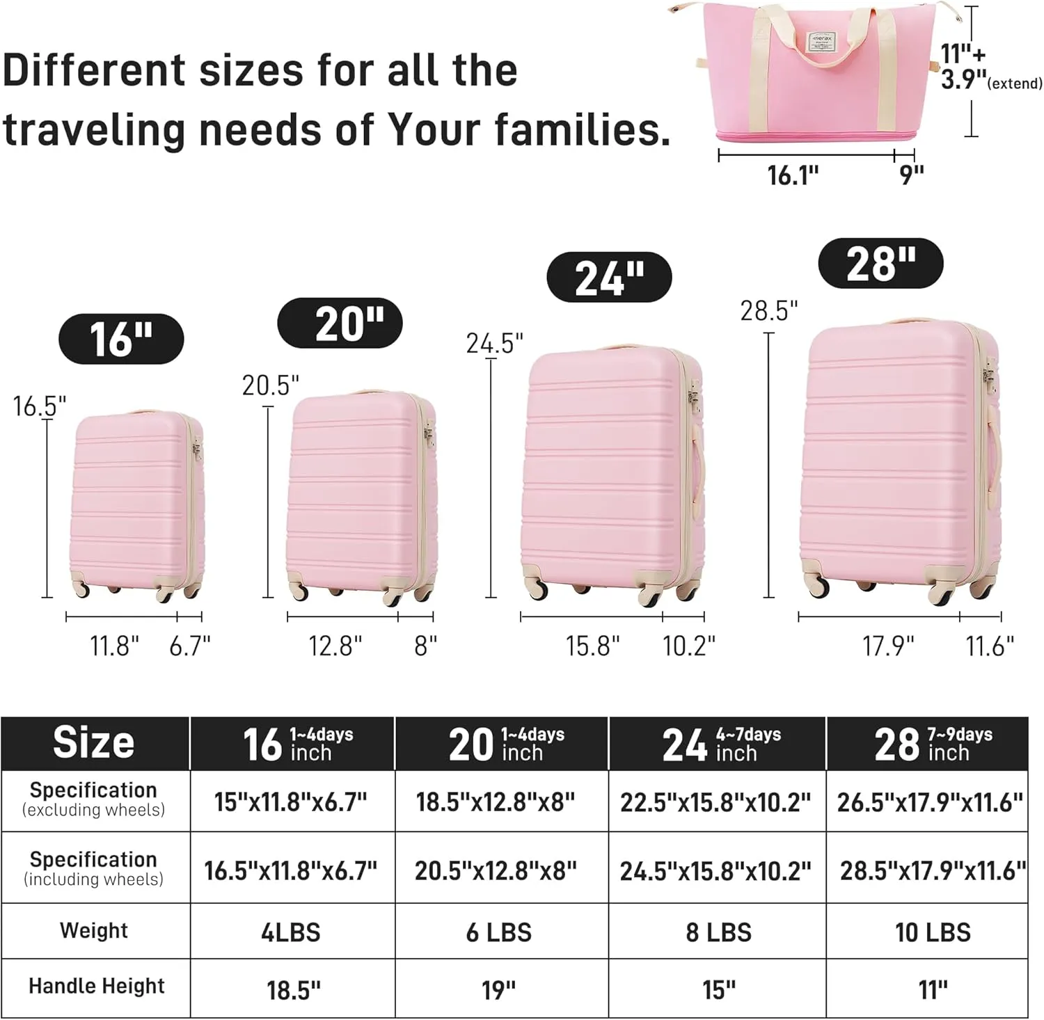 Merax Luggage Sets 13 Piece Suitcase Set 16/20/24/28 IN,Carry on Luggage and Travel Bag TSA Lock Expandable,Hard Case Luggage with Spinner Wheels,Light Pink