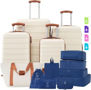 Merax Luggage Sets 13 Piece Suitcase Set 16/20/24/28 IN,Carry on Luggage and Travel Bag TSA Lock Expandable,Hard Case Luggage with Spinner Wheels,White and Brown