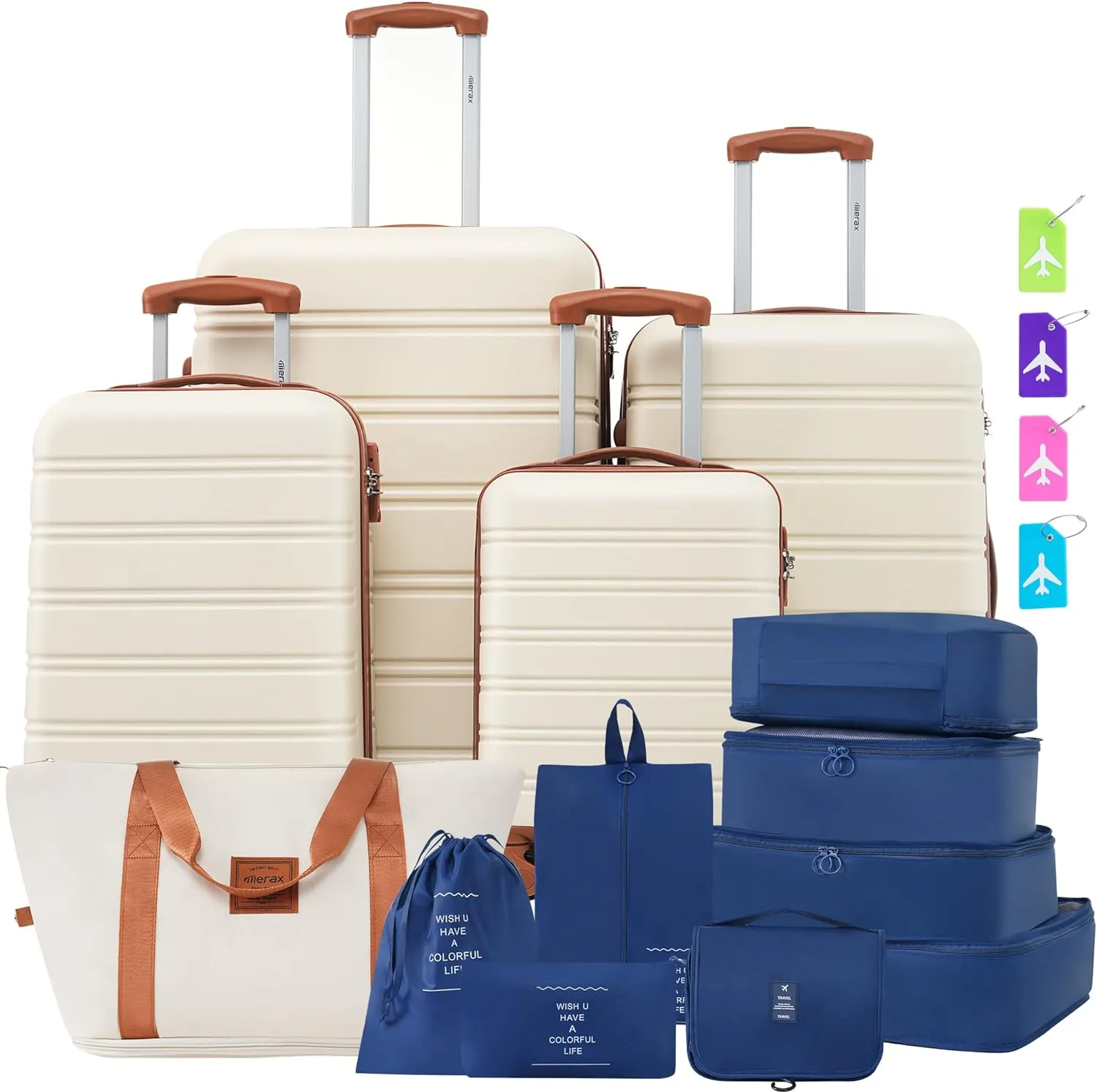 Merax Luggage Sets 13 Piece Suitcase Set 16/20/24/28 IN,Carry on Luggage and Travel Bag TSA Lock Expandable,Hard Case Luggage with Spinner Wheels,White and Brown