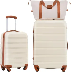 Merax Luggage Sets Carry on Suitcase Airline Approved,Hard Case Expandable Spinner Wheels, White and Brown, 3-Piece Set (20 28IN Bag)