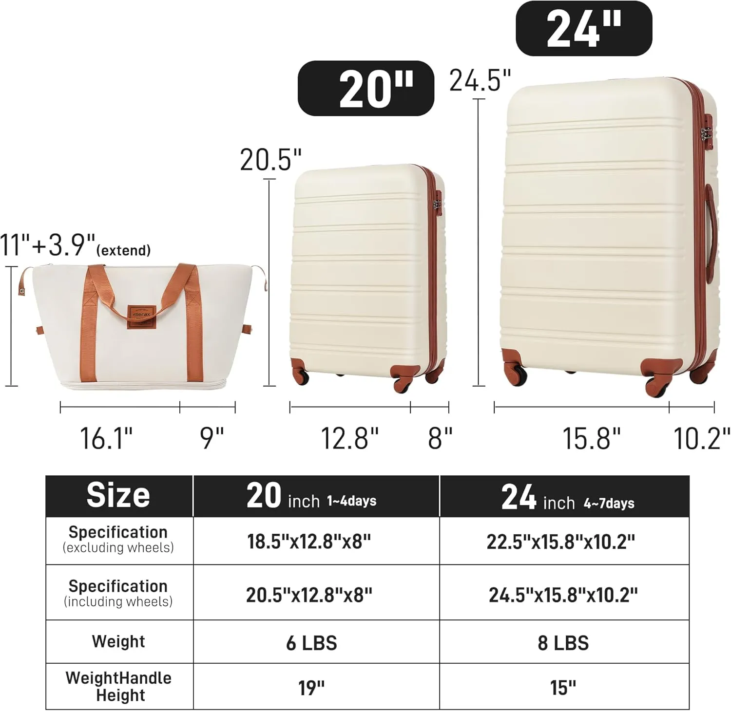 Merax Luggage sets of 3 Piece 20 24 IN Carry on Luggage Hard Case White and Brown Luggage Expandable Checked Luggage Suitcase Set with Wheels