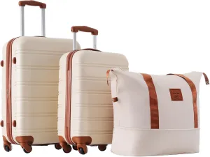 Merax Luggage sets of 3 Piece 20 24 IN Carry on Luggage Hard Case White and Brown Luggage Expandable Checked Luggage Suitcase Set with Wheels