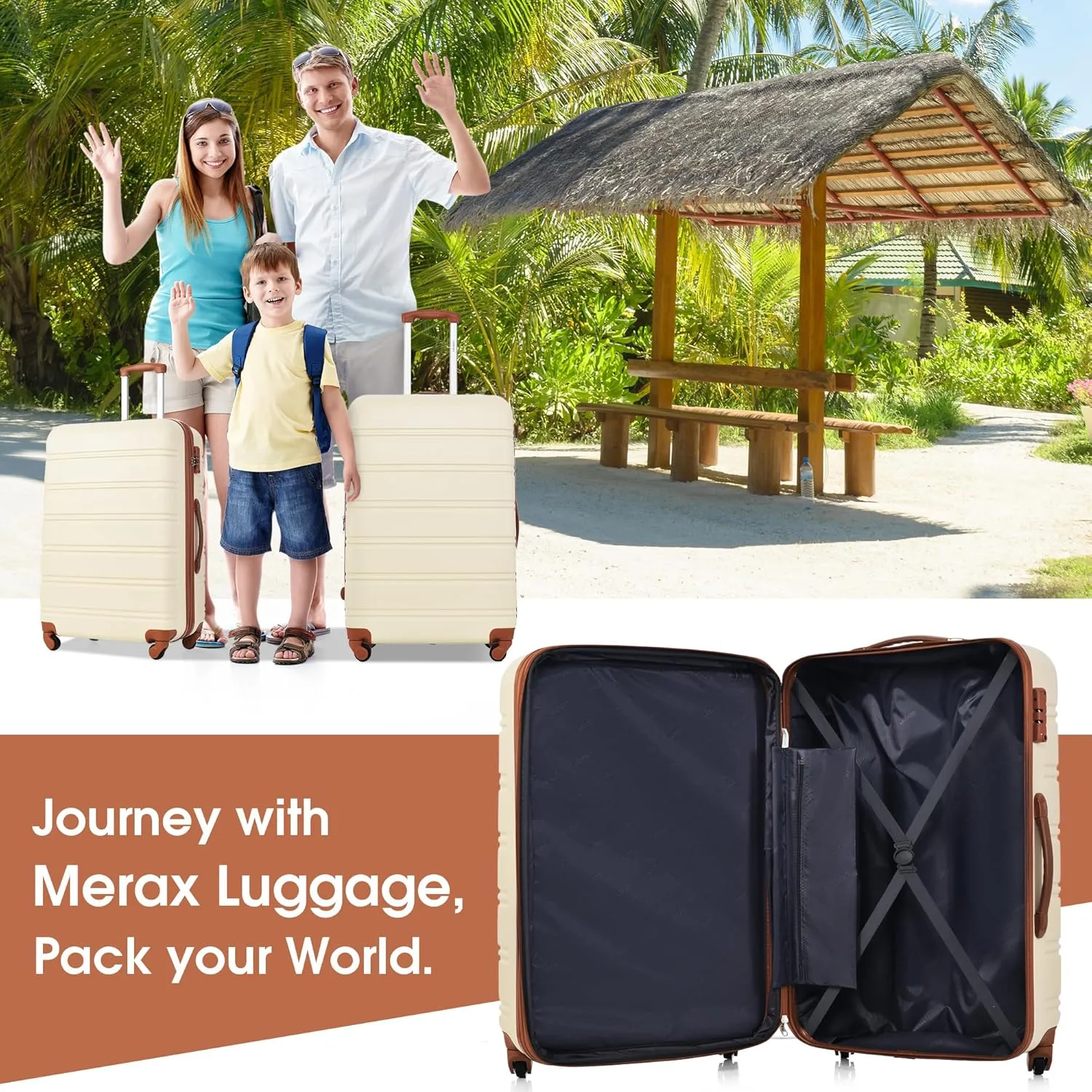 Merax Luggage sets of 3 Piece 20 24 IN Carry on Luggage Hard Case White and Brown Luggage Expandable Checked Luggage Suitcase Set with Wheels
