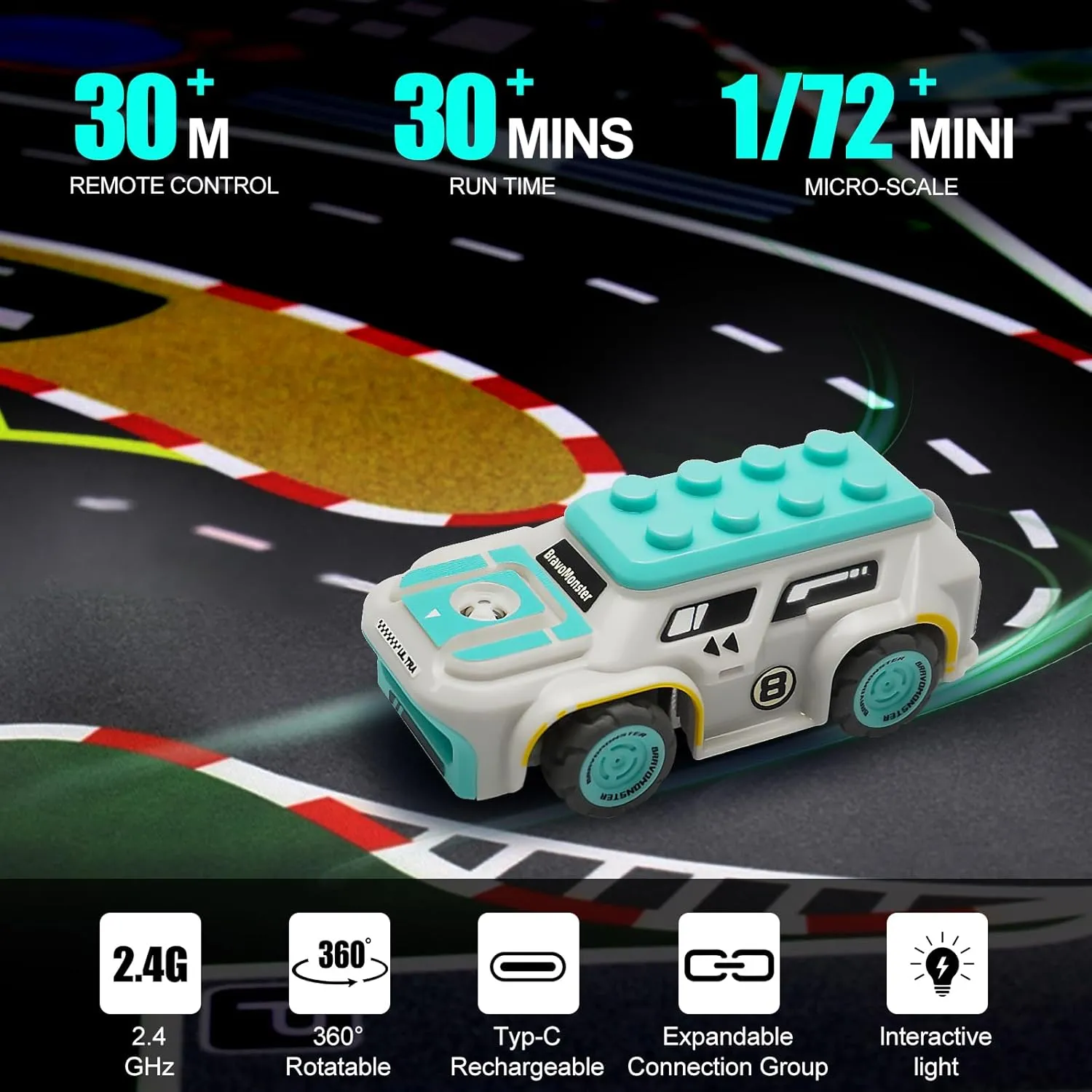 Micro RC Car 1:72 Full Proportional Hall Sensor Mini Remote Control Racing Car for Desktop on Track Play with Expandable Components, Gifts for Adults and Kids with Rechargeable Battery