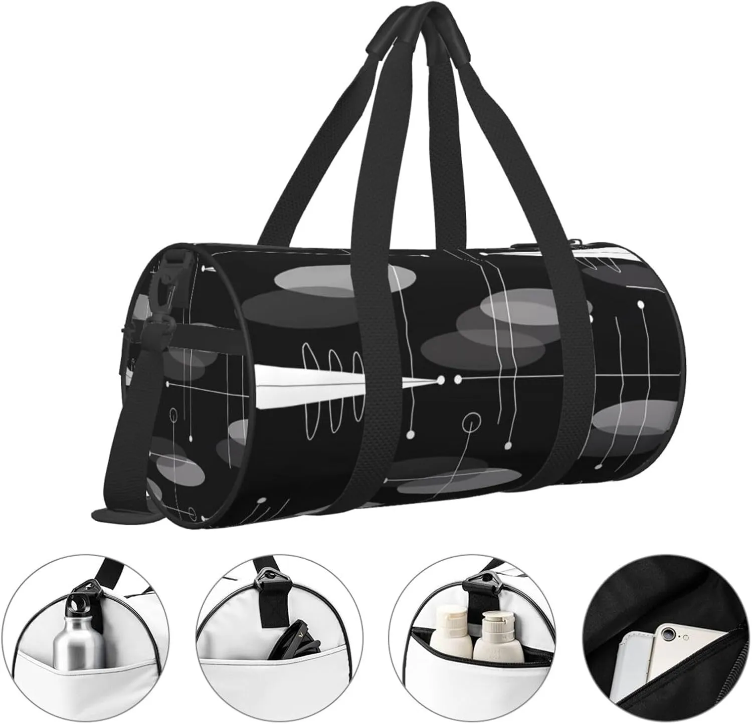 Mid-Century Atomic Space Age Round Travel Duffel Bag Large Capacity Gym Sports Bags for Hiking Vacation Trips