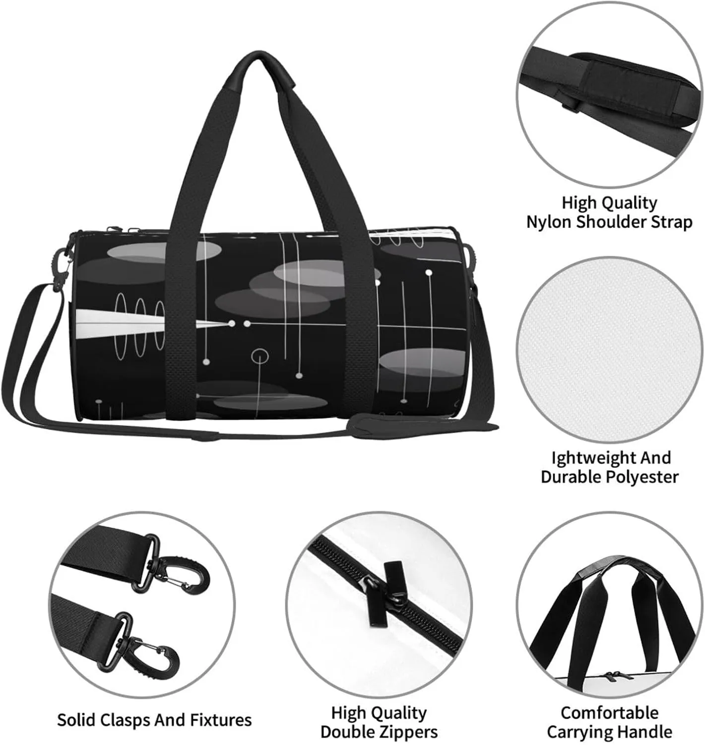 Mid-Century Atomic Space Age Round Travel Duffel Bag Large Capacity Gym Sports Bags for Hiking Vacation Trips