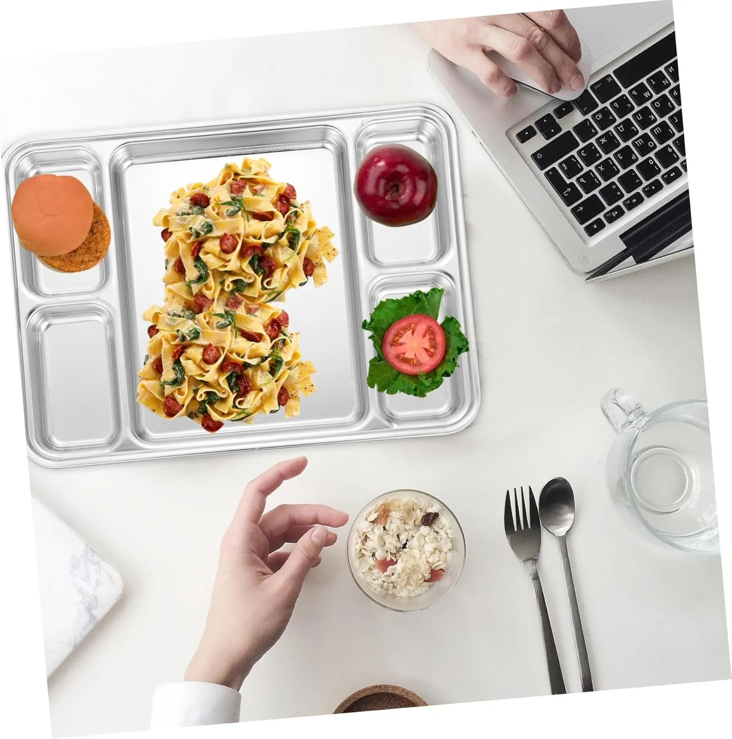 Mikinona 1pc Stainless Steel Divided Dinner Plate Compartment Food Serving Dish for Home Restaurant and Office Use Easy to Clean for Portion Control and Meal Prep