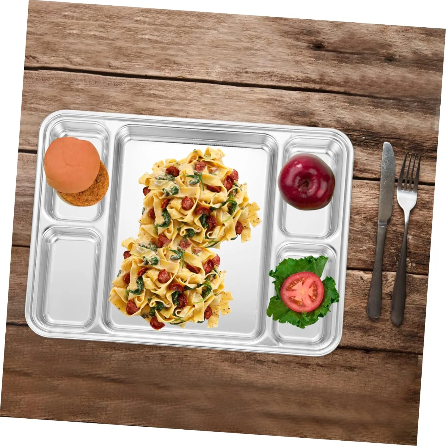 Mikinona 1pc Stainless Steel Divided Dinner Plate Compartment Food Serving Dish for Home Restaurant and Office Use Easy to Clean for Portion Control and Meal Prep