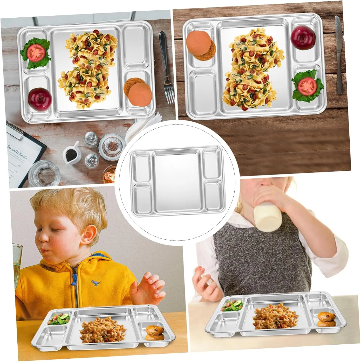 Mikinona 1pc Stainless Steel Divided Dinner Plate Compartment Food Serving Dish for Home Restaurant and Office Use Easy to Clean for Portion Control and Meal Prep