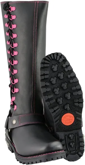 Milwaukee Leather Women's Black 14-inch Leather Harness Motorcycle Boots with Fuchsia Accent Lacing MBL9367-10