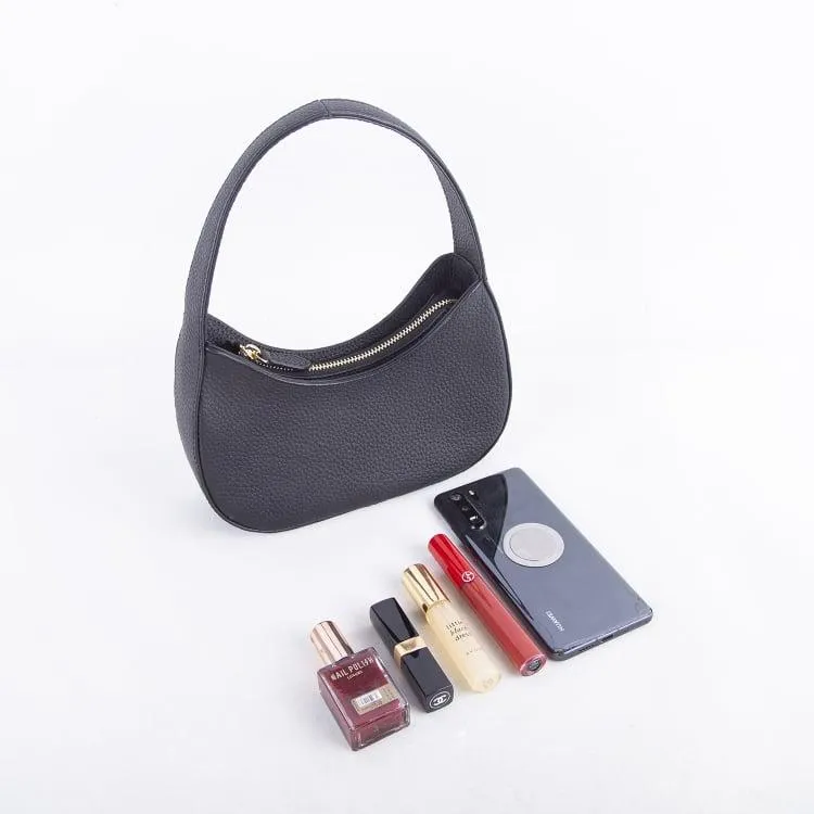 Mini Buckle Top Handle bag | Curved Underarm Bag In Leather _ Black