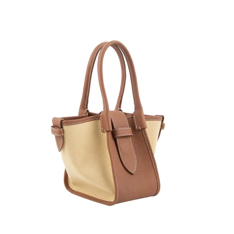 Mini Square Commuter Tote Bag | Top Handle Bag in Canvas & Leather _ Brown
