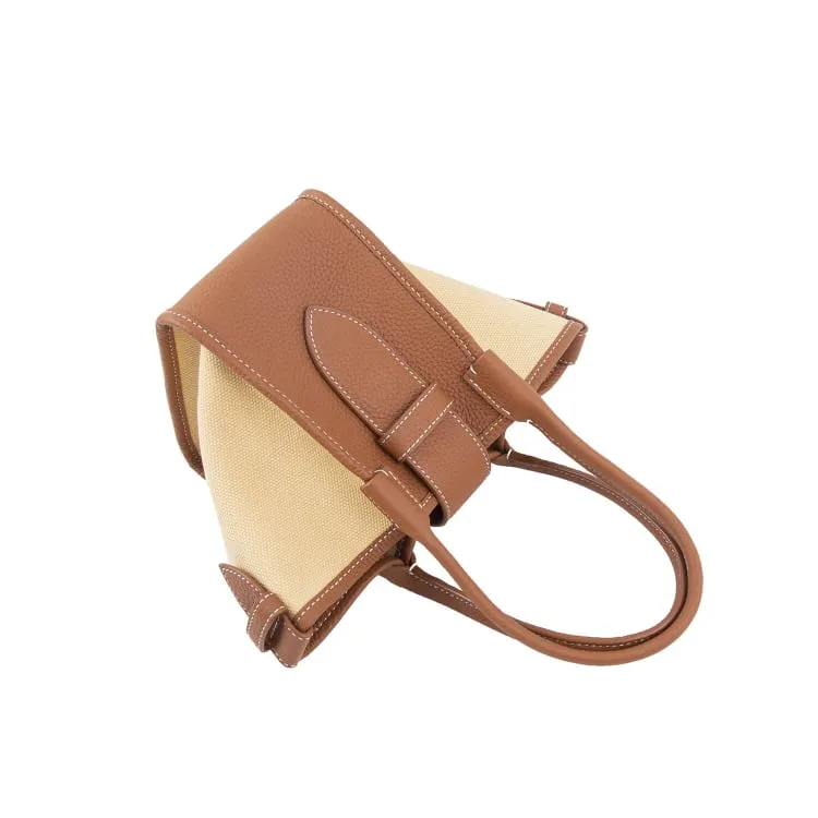 Mini Square Commuter Tote Bag | Top Handle Bag in Canvas & Leather _ Brown