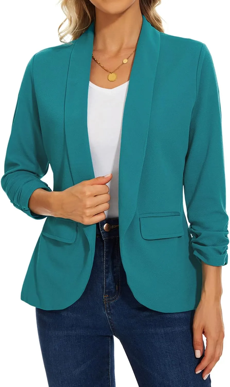 MINTLIMIT Womens Blazer 3/4 Ruched Sleeve Shawl Collar Business Work Blazers Open Front Casual Jackets with Pockets