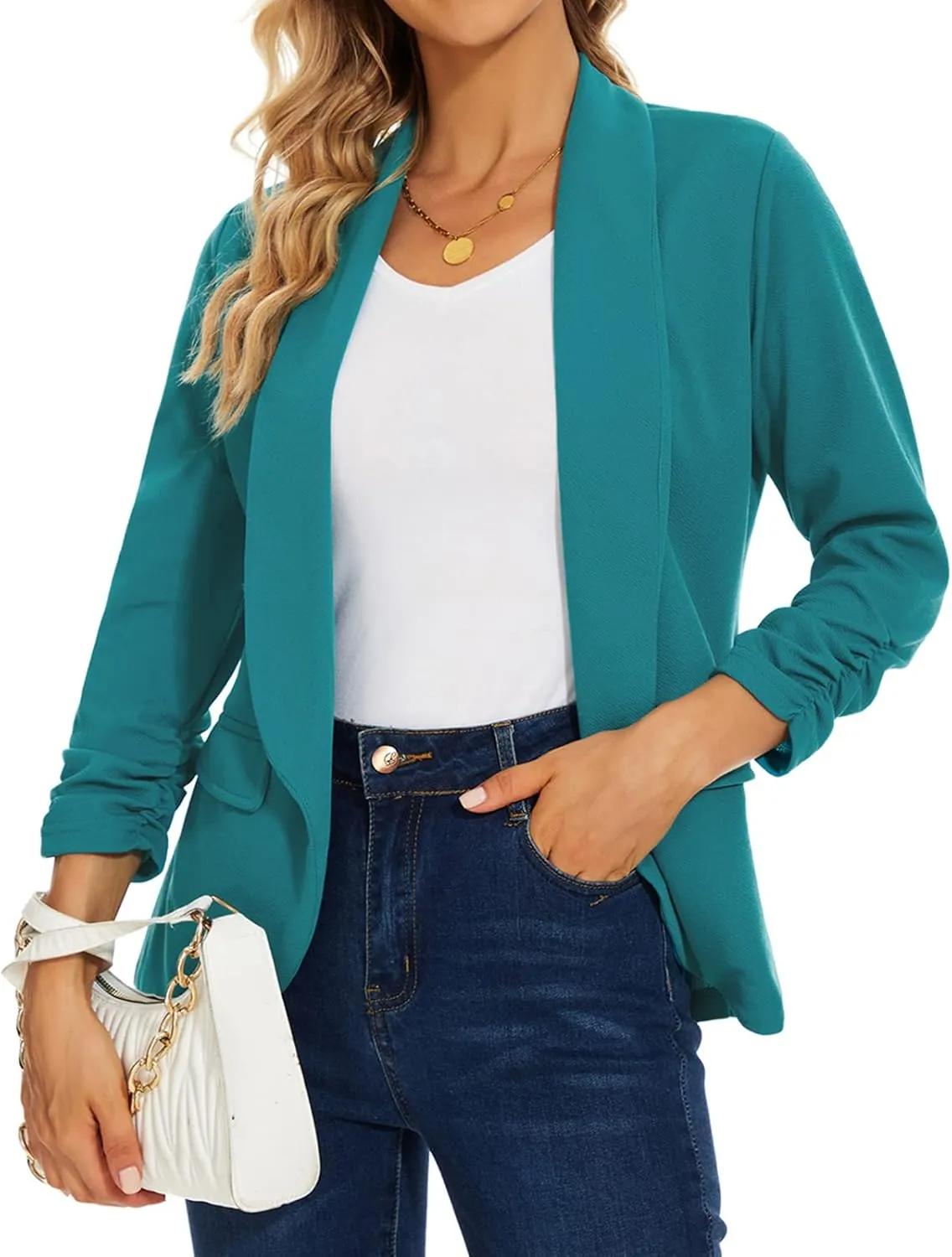 MINTLIMIT Womens Blazer 3/4 Ruched Sleeve Shawl Collar Business Work Blazers Open Front Casual Jackets with Pockets
