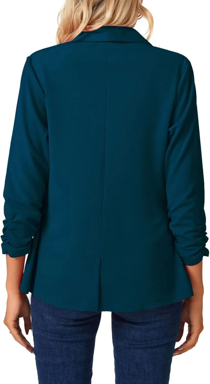 MINTLIMIT Womens Blazer 3/4 Ruched Sleeve Shawl Collar Business Work Blazers Open Front Casual Jackets with Pockets