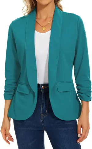 MINTLIMIT Womens Blazer 3/4 Ruched Sleeve Shawl Collar Business Work Blazers Open Front Casual Jackets with Pockets