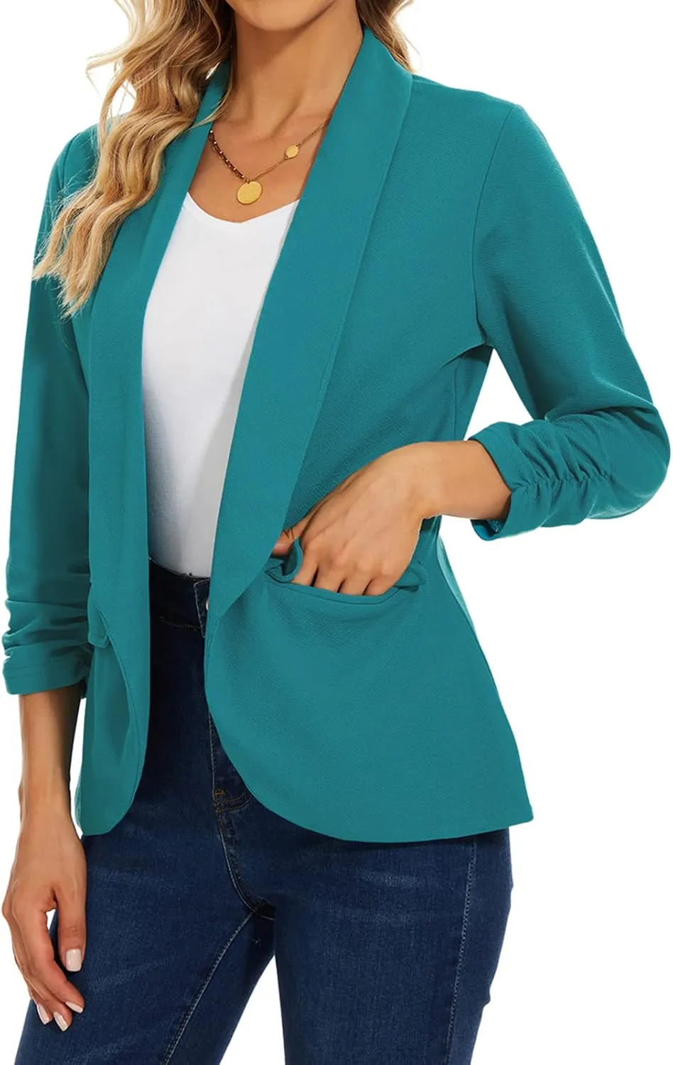 MINTLIMIT Womens Blazer 3/4 Ruched Sleeve Shawl Collar Business Work Blazers Open Front Casual Jackets with Pockets