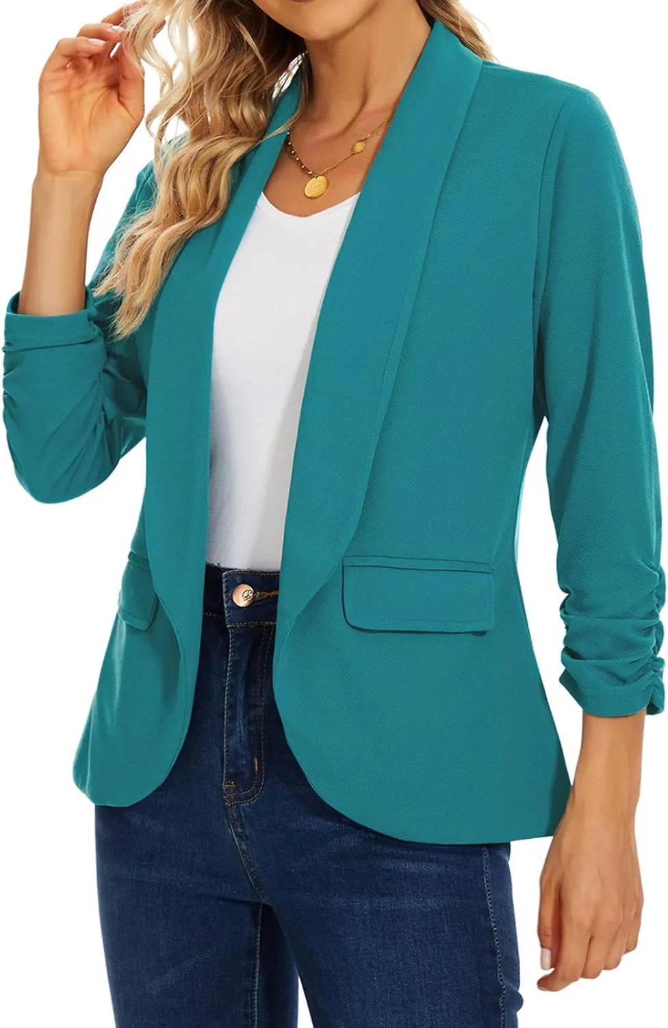 MINTLIMIT Womens Blazer 3/4 Ruched Sleeve Shawl Collar Business Work Blazers Open Front Casual Jackets with Pockets