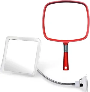 MIRRORVANA Flexible Fogless Shower Mirror for Bathroom Shaving with Height Adjustable Gooseneck Extension & Professional Large & Comfy Hand Mirror with Ergonomic Handle for Women Bundle