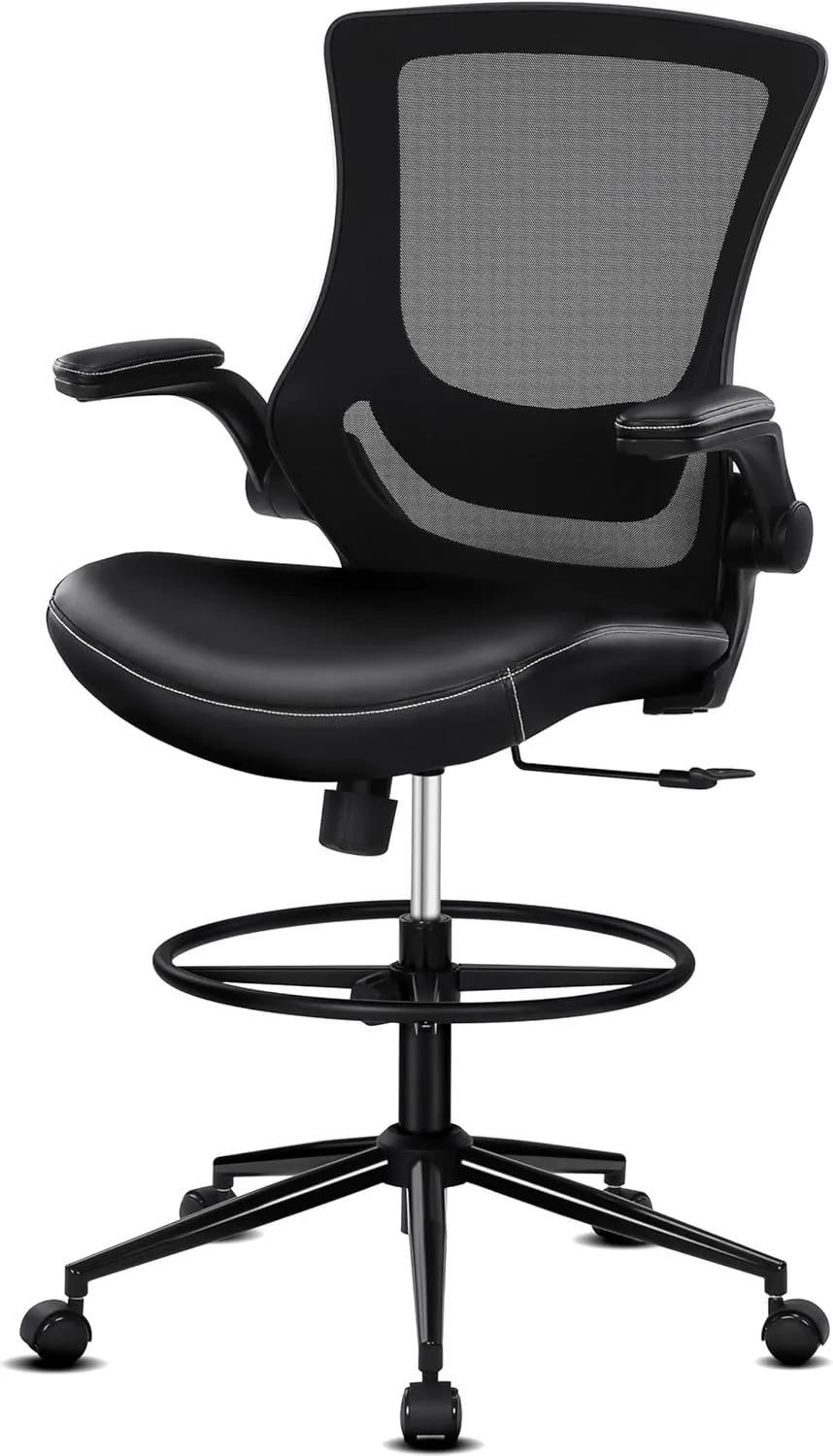 Misolant Tall Office Chair for Standing Desk, Drafting Chair with Foot Ring, PU Leather Recline High Office Tall Desk Chair with Adjustable Lumbar Support