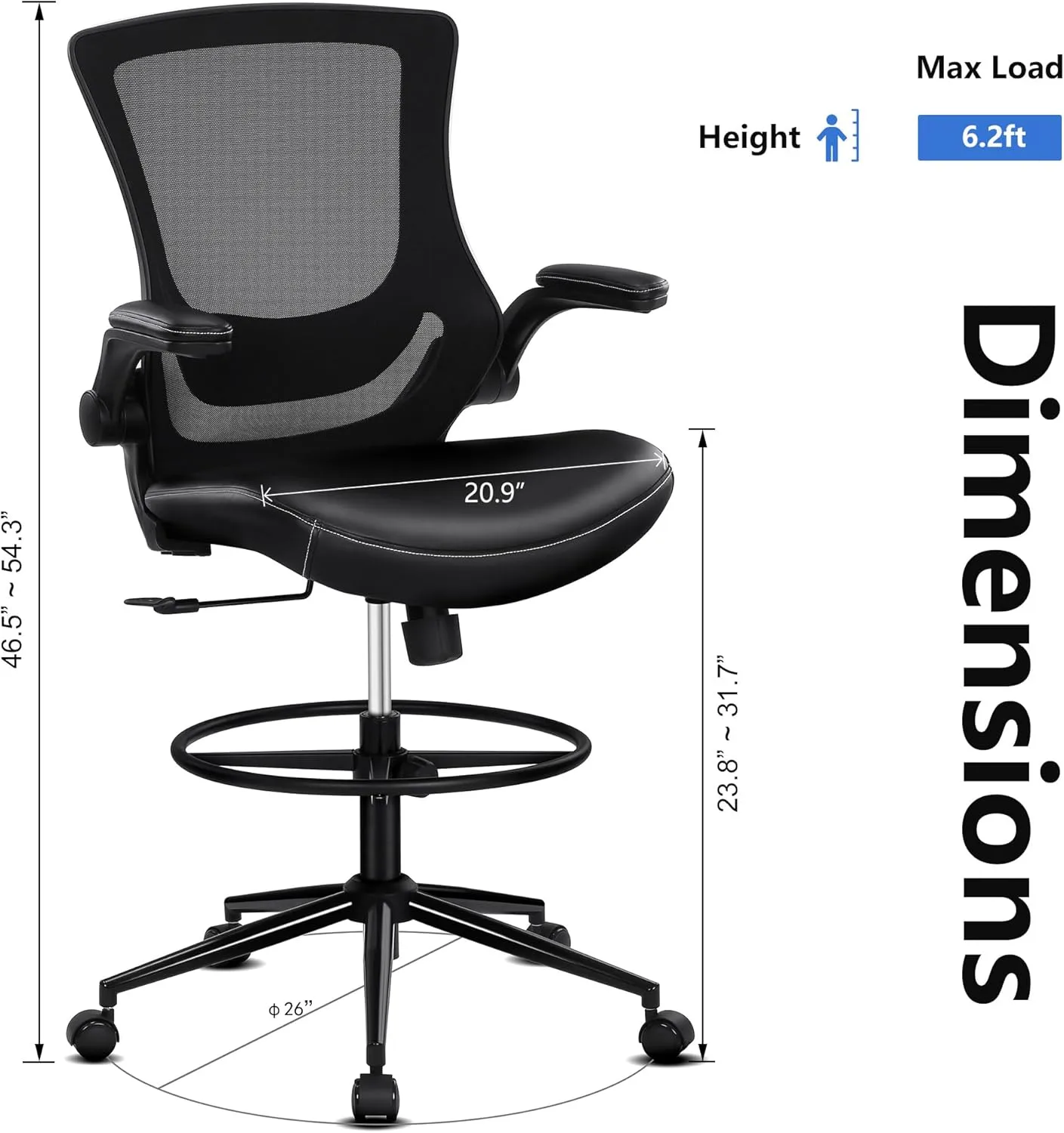 Misolant Tall Office Chair for Standing Desk, Drafting Chair with Foot Ring, PU Leather Recline High Office Tall Desk Chair with Adjustable Lumbar Support