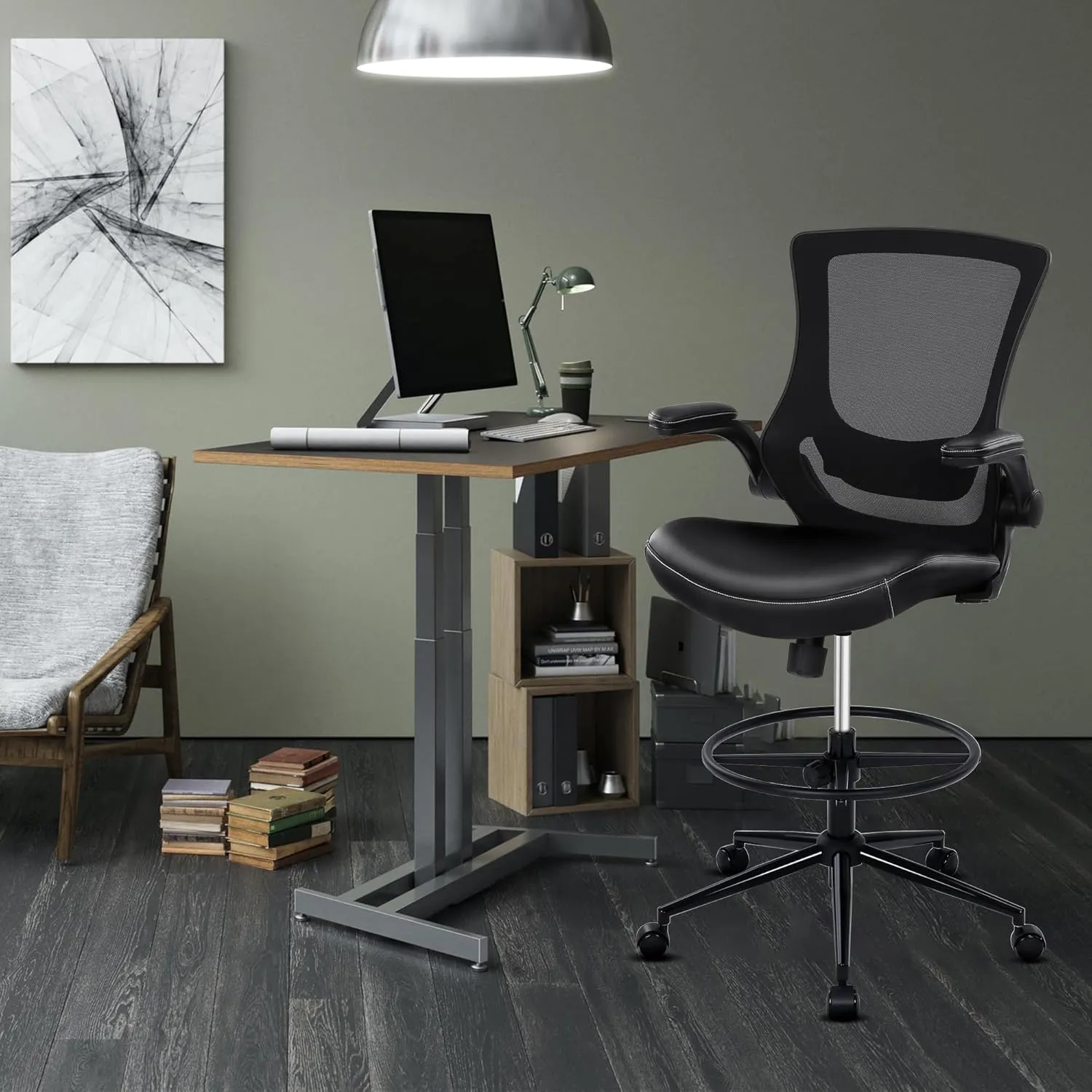 Misolant Tall Office Chair for Standing Desk, Drafting Chair with Foot Ring, PU Leather Recline High Office Tall Desk Chair with Adjustable Lumbar Support