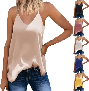 Miyaomn Chiffon V Neck Cami Tank Tops for Women Loose Fit Flowy Spaghetti Strap Camisole Summer Casual Sleeveless Vest Shirts