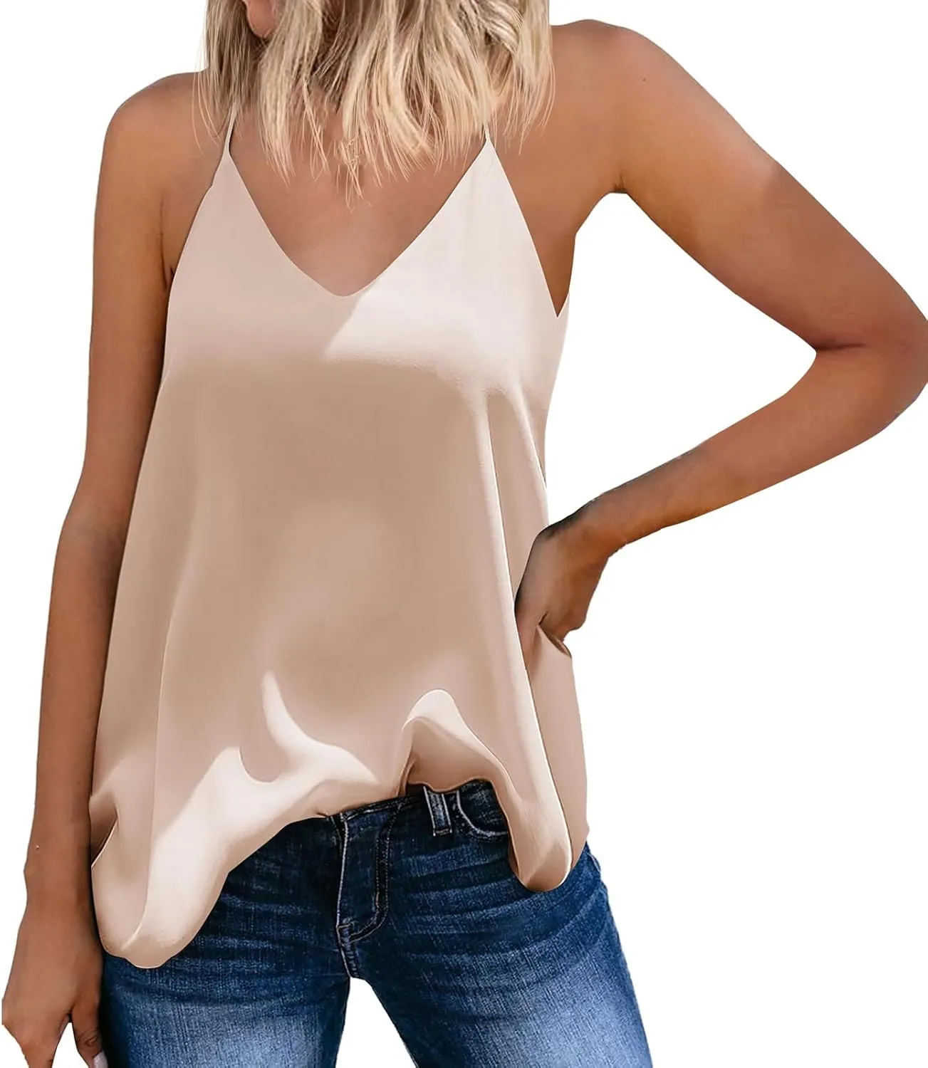 Miyaomn Chiffon V Neck Cami Tank Tops for Women Loose Fit Flowy Spaghetti Strap Camisole Summer Casual Sleeveless Vest Shirts