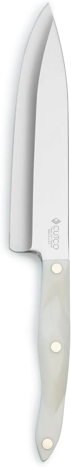 Model 1728 CUTCO White (Pearl) Petite Chef Knife in factory-sealed plastic bag. 7.75” High Carbon Stainless blade and 5.5” handle.