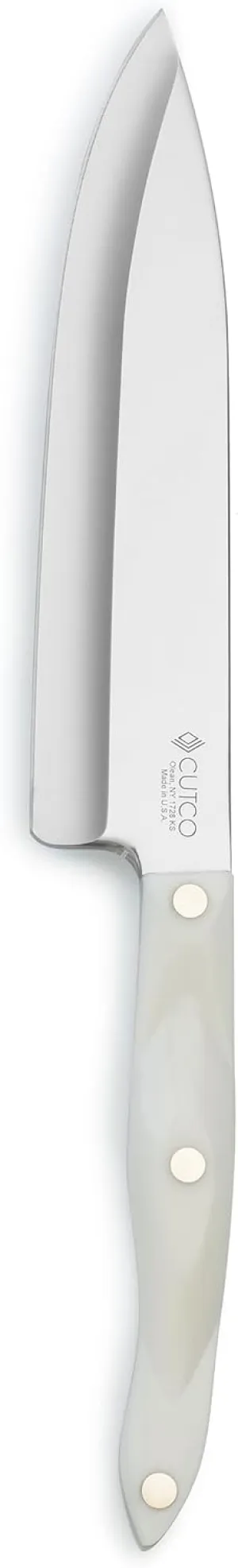 Model 1728 CUTCO White (Pearl) Petite Chef Knife in factory-sealed plastic bag. 7.75” High Carbon Stainless blade and 5.5” handle.