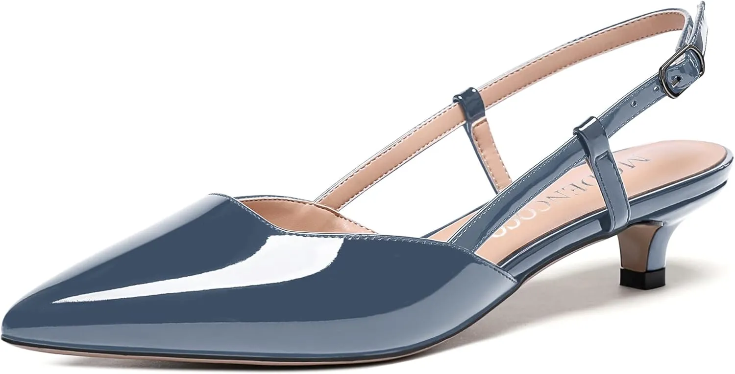 MODENCOCO Women's Patent Leather Ankle Strap Slingback Pointed Toe Kitten Low Heel Pumps Business Office Work Dress Shoes 1.5 Inch