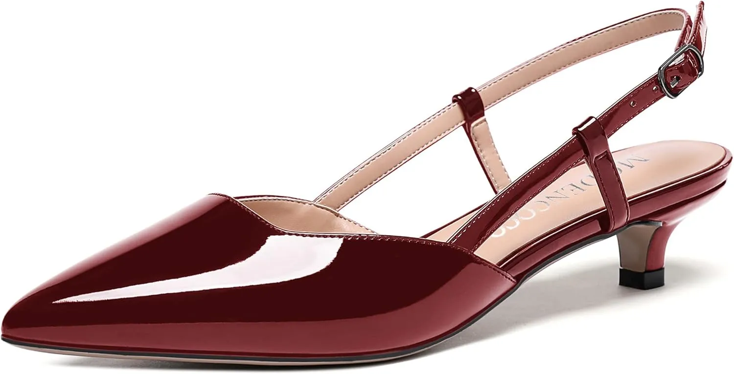 MODENCOCO Women's Patent Leather Ankle Strap Slingback Pointed Toe Kitten Low Heel Pumps Business Office Work Dress Shoes 1.5 Inch